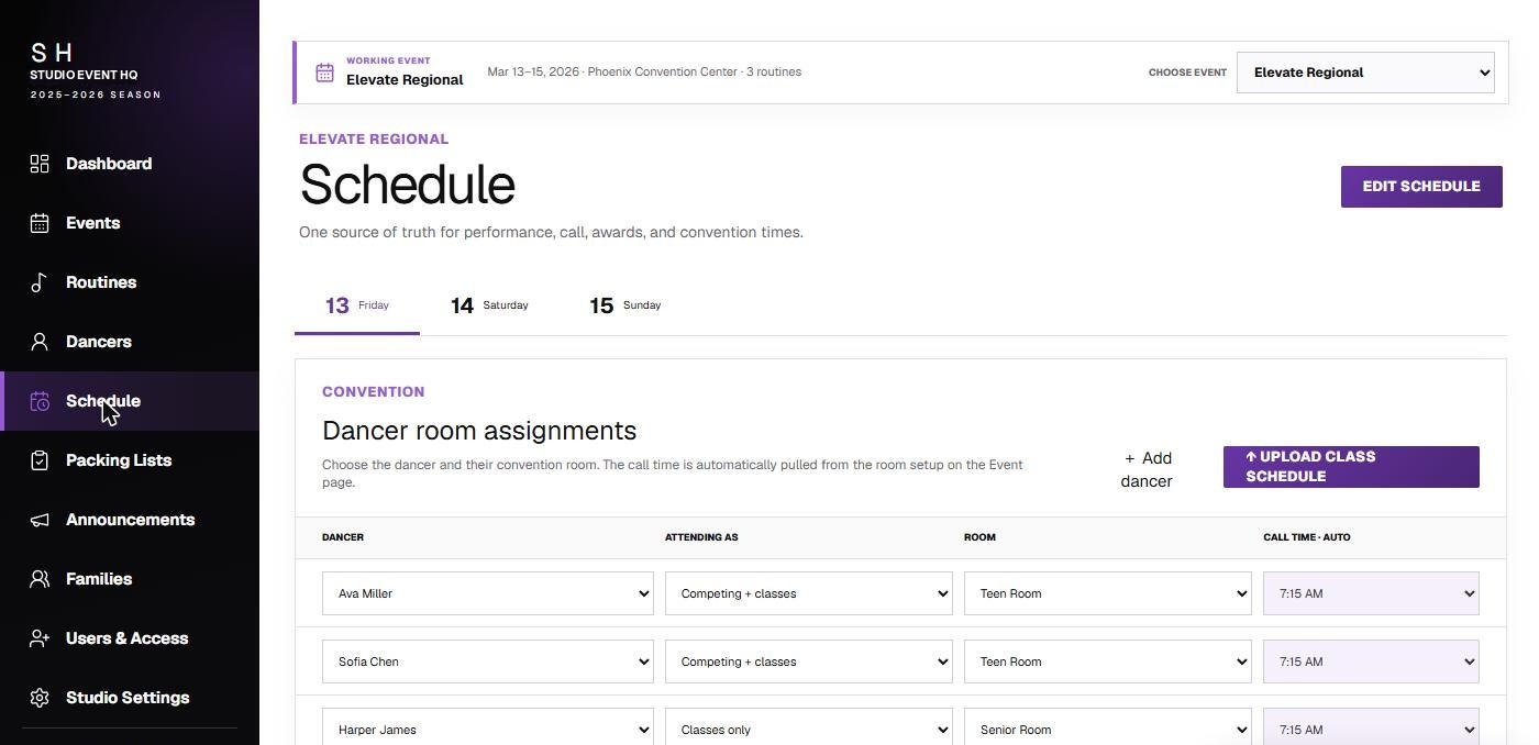 Studio schedule